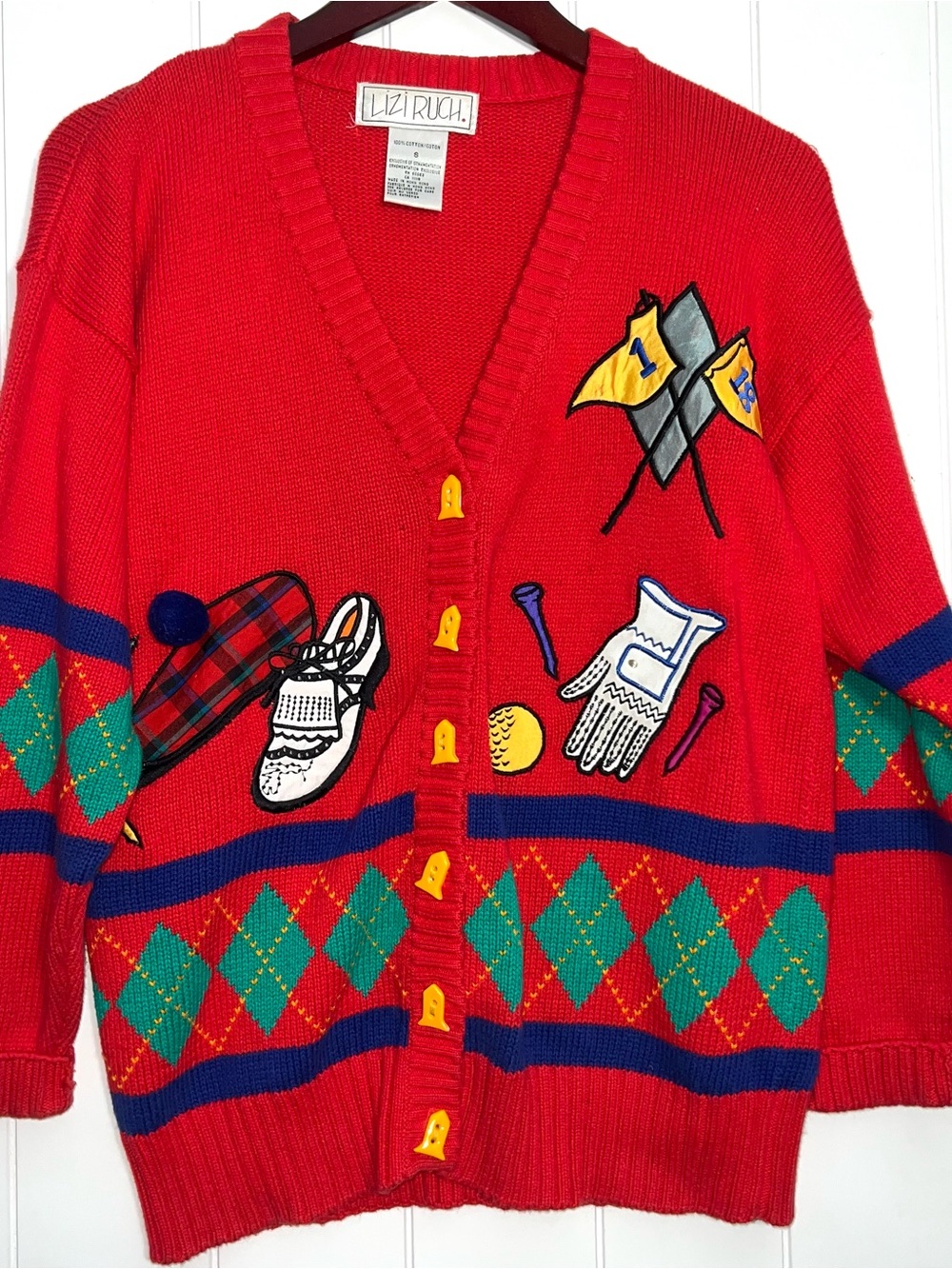 Vintage Lizi Ruch 80s 90s Golf Cardigan Kapalua Novelty Applique Sweater S